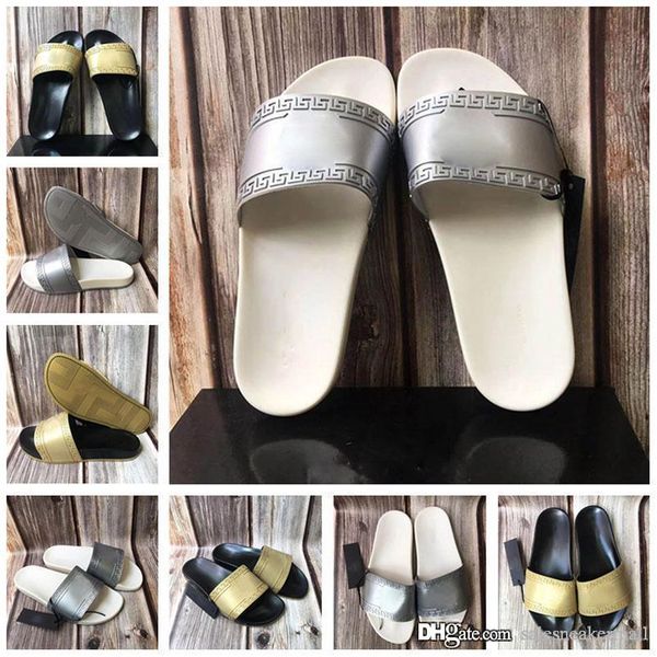 

with box 2020 brand men beach slide sandals medusa scuffs slippers mens gold sliver beach fashion slip-on designer sandals us 7-12