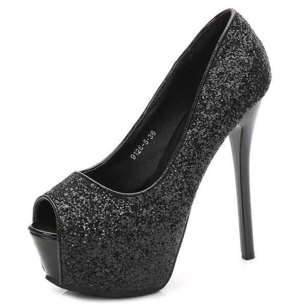 

dress shoes peep toe platform high heel nightclub casual anti-slip sequin, Black