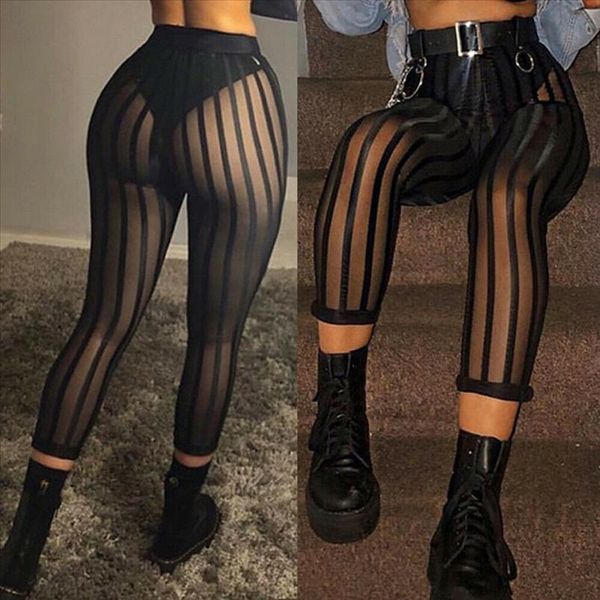 

ladies women mesh sheer see through striped leggings pants high waist bodycon black slim perspective legging pants trousers