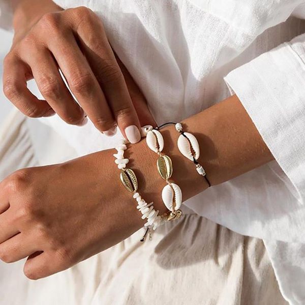 

bohemian hand braided shell bracelet boho 3 pcs/set handmade seashell braclet for women girls wristband jewelry female pulseira, Golden;silver