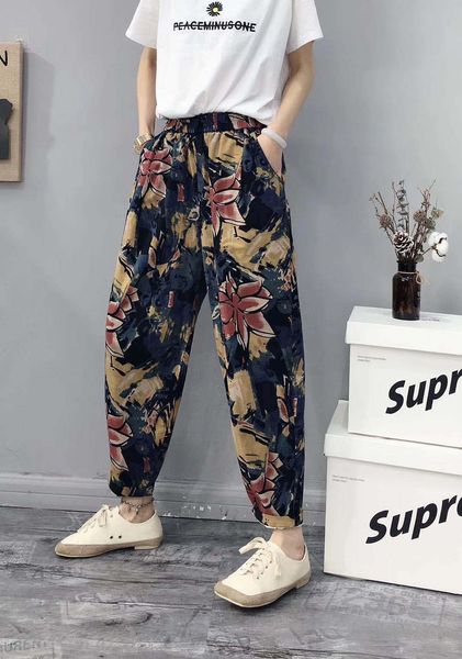 

women's harem pants washed cotton linen pant women's summer thin printed loose large size linen eight-point casual carrot pants si, Black;white