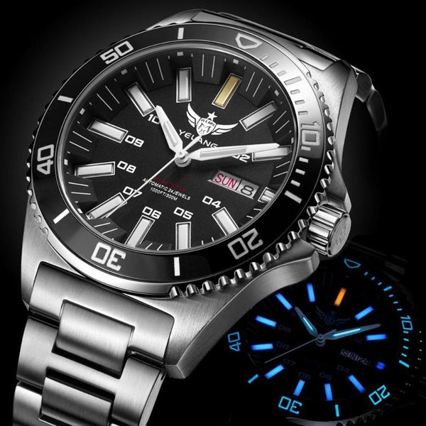 

yelang tritium watch men automatic mechanical sport diver wrist watches t100 luminous auto date waterproof montre relogios v1028, Slivery;brown