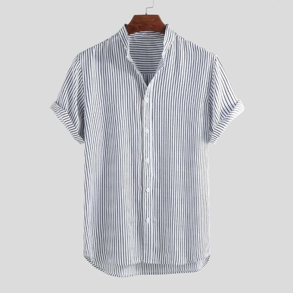 

men's stand collar stripe summer shirt short sleeve loose buttons casual blouse fashion 2020 new plus size 4xl clothes for men, White;black