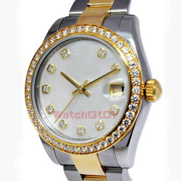 

ladies women watches 31mm iced out watch women's date diamond sapphire dial automatic mechanical rose gold watches wristwatches, Slivery;brown