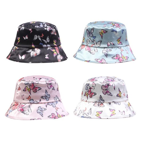 

korean summer foldable bucket hat harajuku shiny colorful butterfly printed short brim sunscreen fisherman cap, Blue;gray