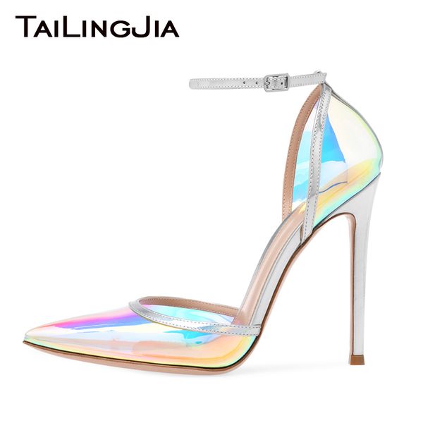 

iridescent clear shoes pointed toe high heels party footwear ladies pvc pumps ankle strap heeled shoe large size 2020 dress pump, Black