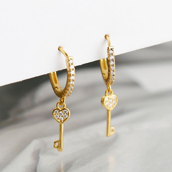 

100% 925 silver gold color small heart key mix zirconia to heart hoop earring for women pendientes ear piercing oorbellen 2020, Golden;silver