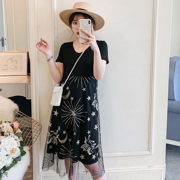 

2020 summer maternity embroidery dress short sleeve o-neck cotton patchwork chiffon pregnant women empire dress sweet lace, White