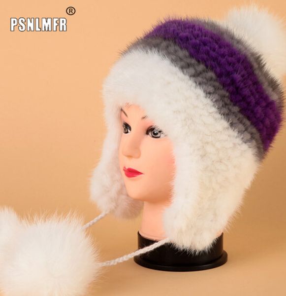 

2020 new winter women real hat natural knitted ear protection hats for women girl's cute cap with fur ball, Blue;gray
