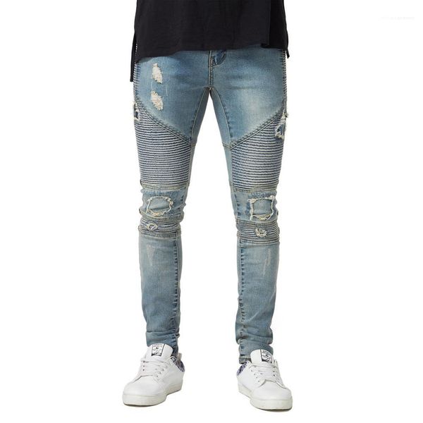

fit biker pencil pants spring autumn fashion trousers mens draped designer ripped jeans slim, Blue