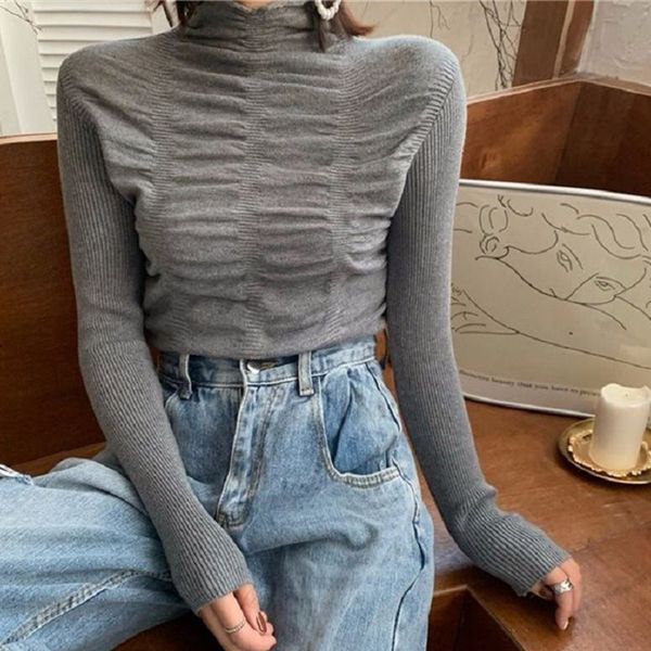 

women's sweaters folds women super stretch turtleneck sweater solid irregular slim female 2021 autumn fashion ladies casual pullover, White;black