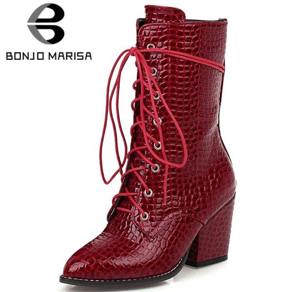 

boots bonjomarisa ladies brand dress pointed toe mature high ankle women 2021 heels shoes, Black