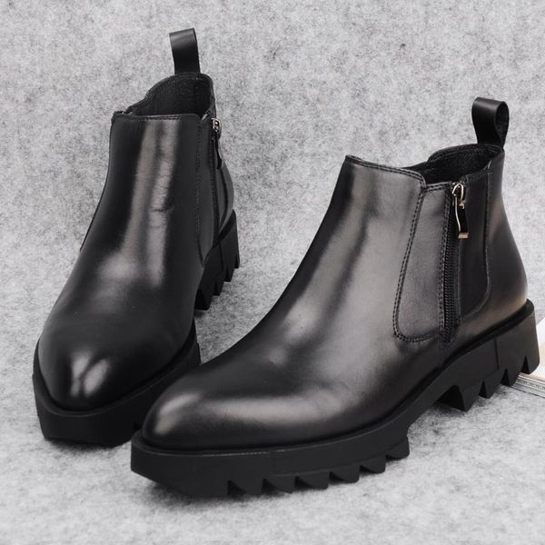 

ankle men boots high shoes thick bottomed botas work shoes cowhide hombre black brown pointed toe genuine leather rubber