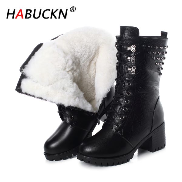 

habuckn plus size winter boots women 2020 new genuine leather black snow boots shoes rubber wool female woman