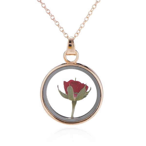 

chains women necklace simple glass dried rose decor pendant charm, Silver
