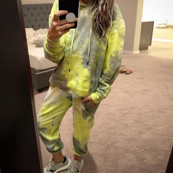 

casual two pieces yellow tie dye women set long sleeve + loose trousers fitness set oversize female suits autumn streetwear, Gray