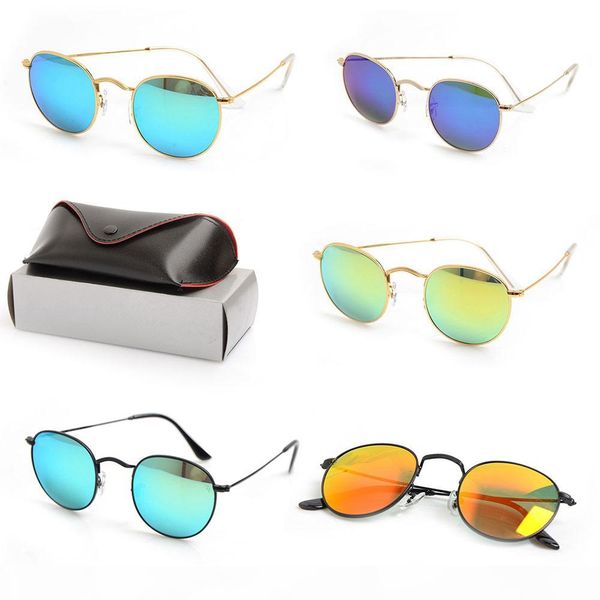 

new metal mens round sunglasses brand designer eyewear sun glasses gold flash glass lens for womens mirror sunglasses round glasses with box, White;black
