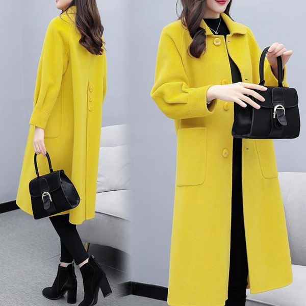 

women's wool & blends mid-length coat female 2021 korean version of autumn and winter lanterns sleeves woolen over the knee jacket, Black
