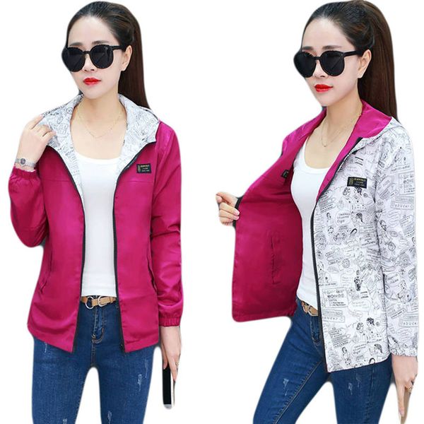 

spring autumn women casual basic jacket pocket zipper hooded two side wear print outwear loose coats big size women clothes y295, Tan;black