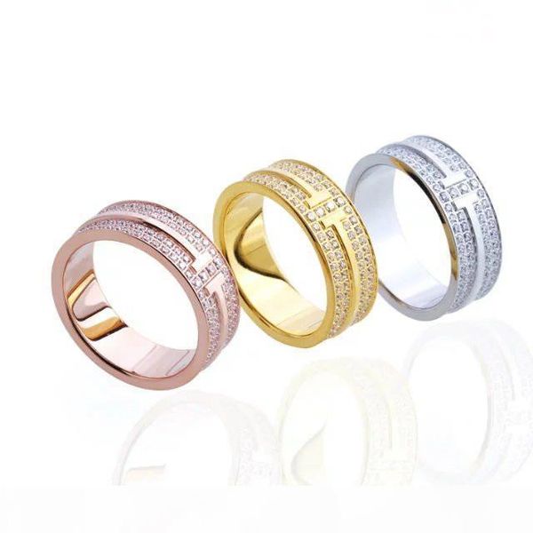 

new arrival fashion lady 316 titanium steel full diamond double t letter wedding engagement 18k gold plated rings wide 0.9cm size6-9, Golden;silver