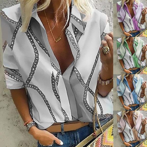 

female casual female clothing plus size s-6xl summer womens designer shirts chain printed lapel neck, White
