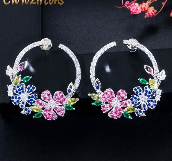 

cwwzircons multi red blue cubic zirconia stones beautiful silver flower big round stud earrings for ladies002, Golden;silver