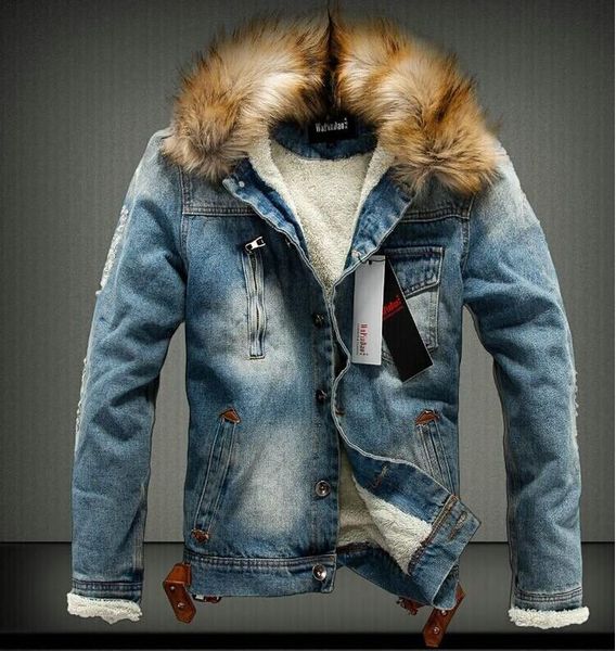 

fall-2017 mens jackets fur collar fur lining denim moto thick jacket warm coat trench outwear 2 colours size m-3xl ing, Black;brown