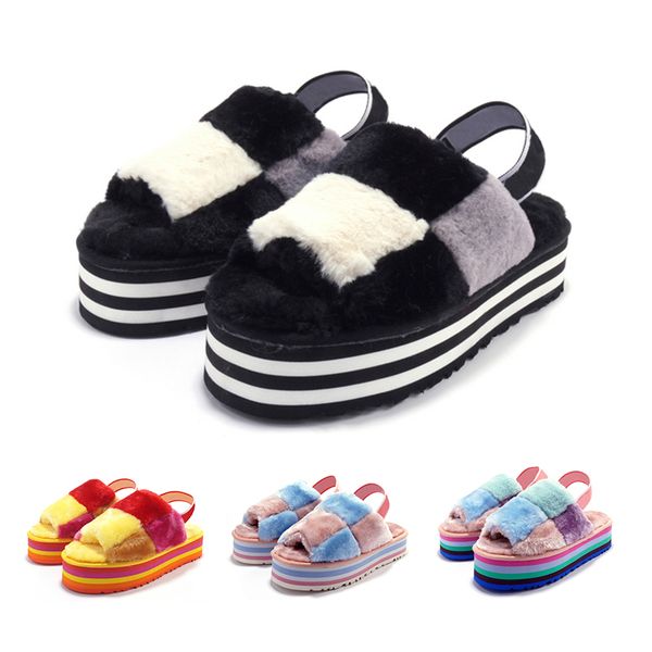

2020 new arrivels winter slippers australia furry slide muilty color pinks grey black thick bottom size 36-44 indoor women shoes