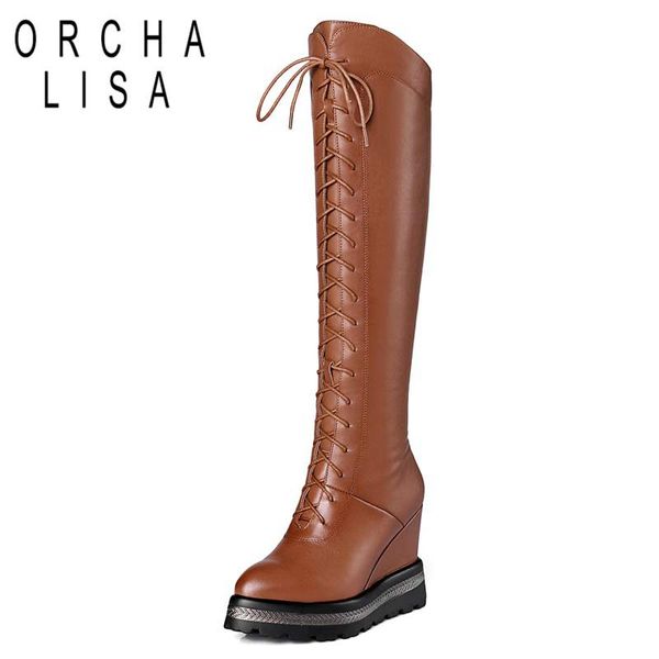 

orcha lisa women genuine leather autumn winter warm wedges high heel boots shoes woman platforms long high boots botas a780, Black