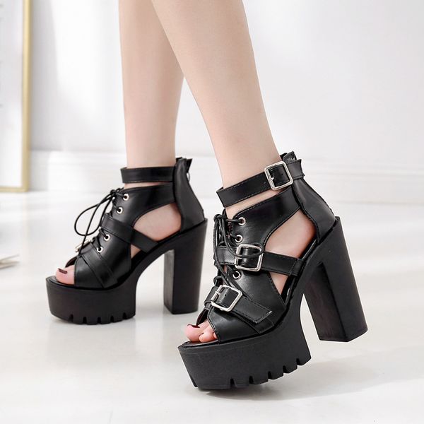 

2020 spring new korean version of the platform waterproof platform thick with hollow rome high heel open toe sandals, Black