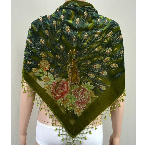 

women's silk velour triangle embroider flower shawl scarf with peacock new fashion handmade beads sequin 155x75cm 112319, Blue;gray