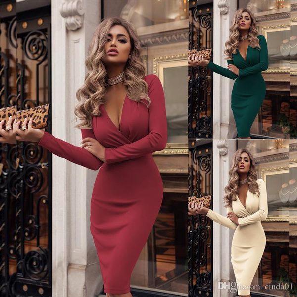 

7 colors women dresses bodycon autumn and winter long sleeve deep v-neck party mini dress ladies solid color s-xxl, White;black
