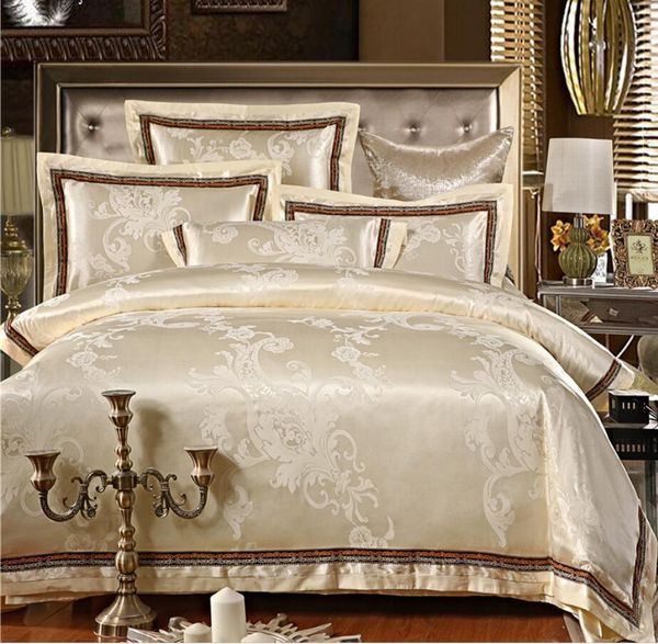 

beige jacquard silk bedding set luxury 4pcs embroidered satin doona duvet cover  king size bed linen bedclothes cotton home textile