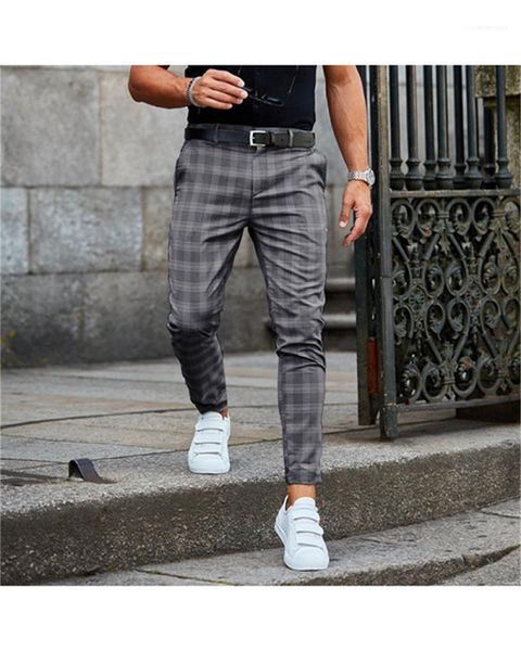 

pockets man fashion style pants plaid pencil pants casual regular mid waist button fly pants with, Black