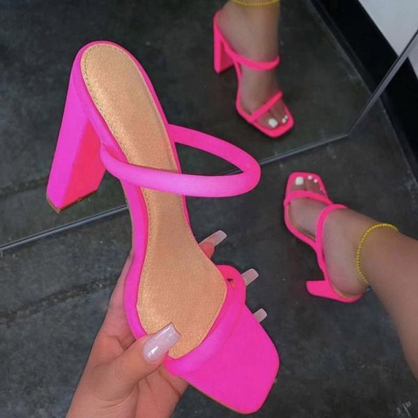 

solid fashion sandals ladies open square toe chunky high heel slip-on slippers women home outside summer shoes, Black