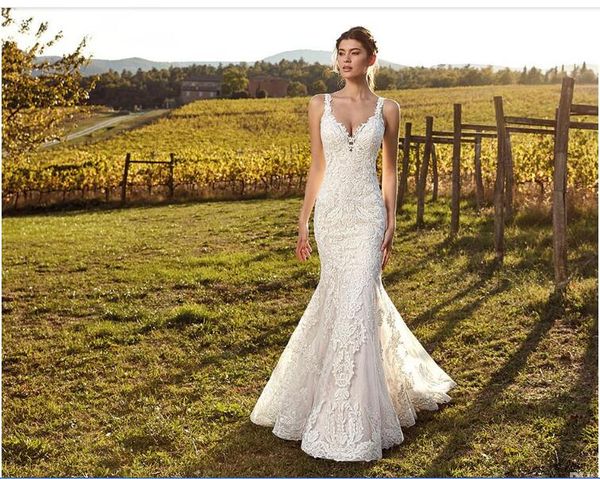 

2020elegant ivory straps deep v neck lace mermaid wedding dresses full lace tulle summer beach wedding bridal gowns illusion back, White