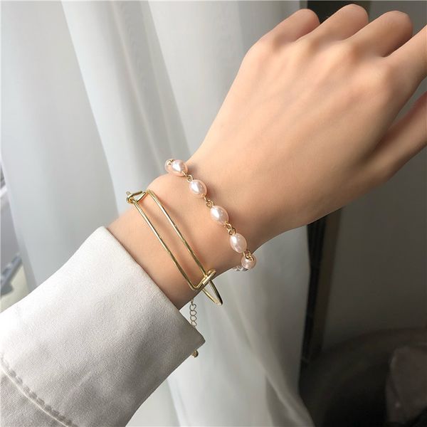 

link, chain korean vintage baroque style imitation pearl bracelets&bangle women adjustable bracelet metal bangle jewelry, Black