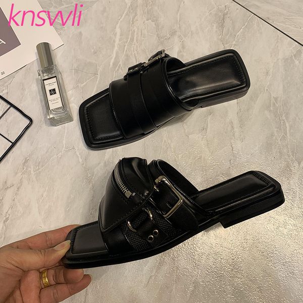 

pocket flat slippers women square toe genuine leather mules shoes women wallet belt buckle summer shoes woman zapatos de mujer, Black