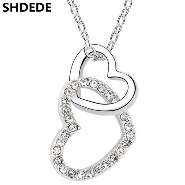 

shdede austrian crystal double two heart pendant necklaces for women fashion jewelry birthday gift female wedding -*10391, Silver