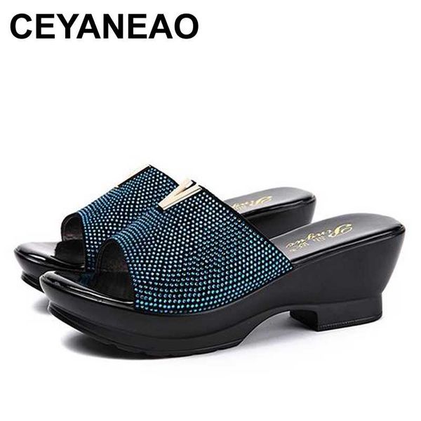 

ceyaneao diamond rhinestone genuine leather summer shoes fashion mother outdoor sandals women big size 40-42 cool slippers, Black