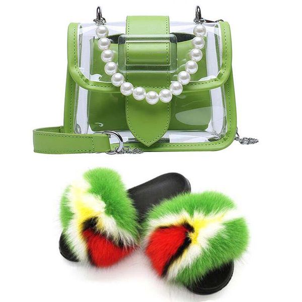

ladies pearl chain jelly bag fur slides transparent shoulder bag handbag cute plush slippers indoor flat sandals furry shoes, Black