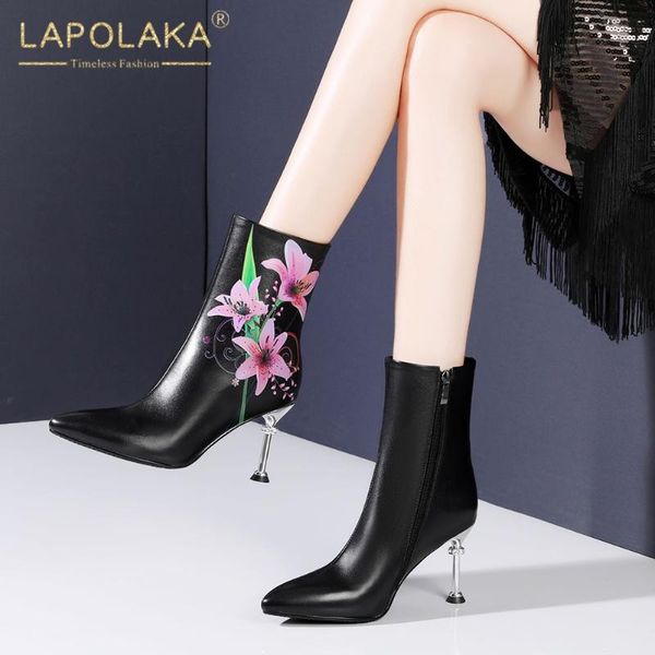 

lapolaka 2020 new arrivals genuine leather elegant boots woman shoes pointed toe thin high heels spring autumn boots female, Black