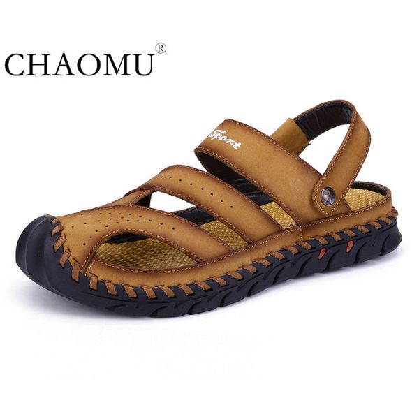 

men's summer breathable outdoor leisure non-slip beach shoes leather stitched lightweight sandals comfortable men's shoes, Black