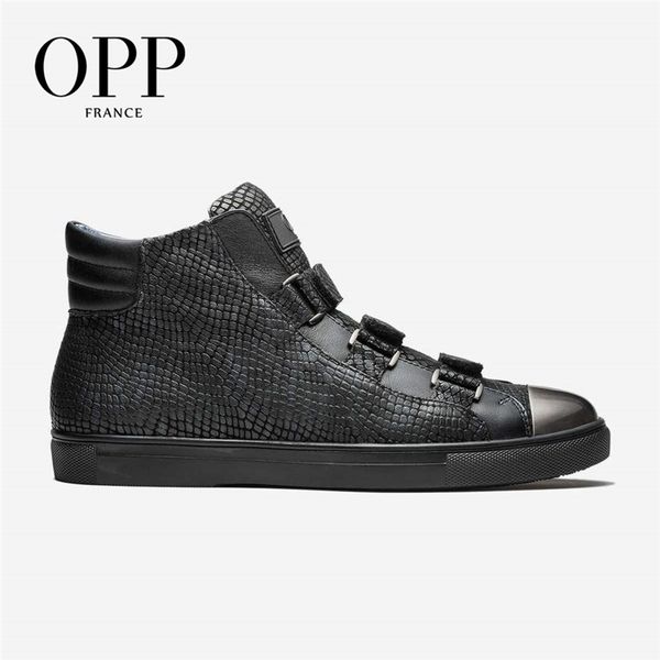 

boots opp snakeskin men shoes ankle punk hop hip metal rivet high genuine leather sneakers hook&loop, Black