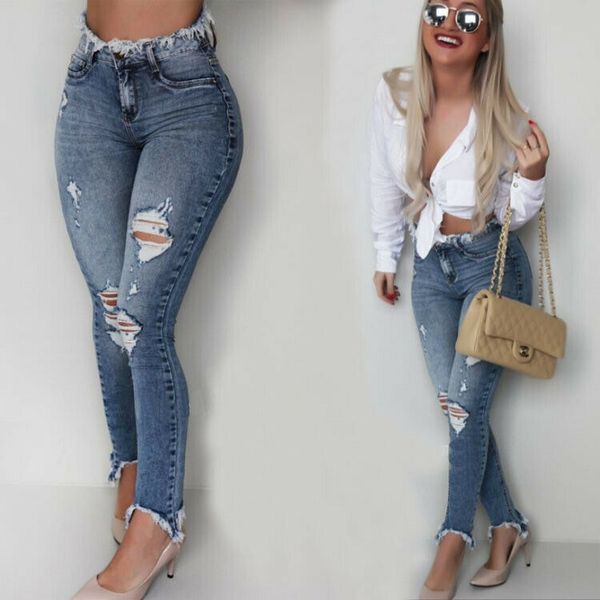 

womens casual skinny ripped holes pencil pants stretchy pockets long denim jeans, Blue
