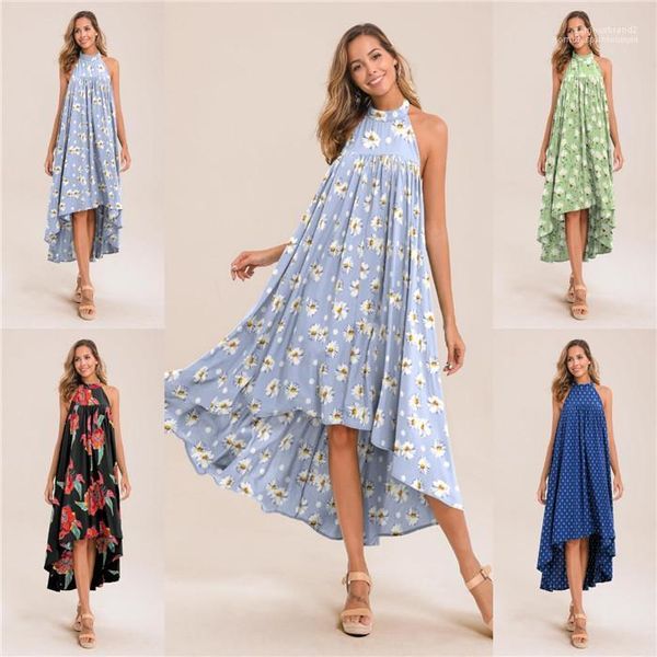 

irregular swing print dress womens summer designer print dress sleeveless open back halter, Black;gray