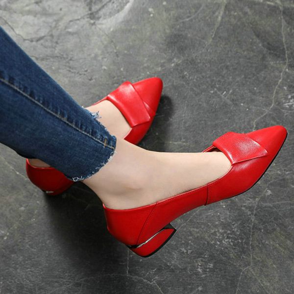 

большой размер 2020 лето натуральной кожи насосы дикие заостренным heels неглубоко толстый красный женская обувь square мода каблука, Black