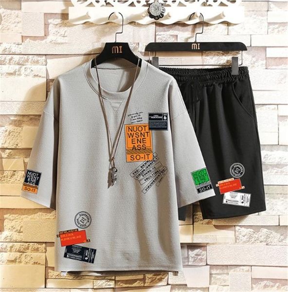 

label print loose tracksuits active crew neck mens short sleeve shorts mens designer two piece set letter, Gray