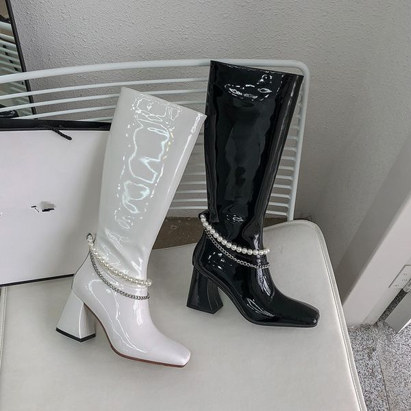 

genuine leather chain decoration women knee high boots square toe high heels boots winter night club shoes woman, Black