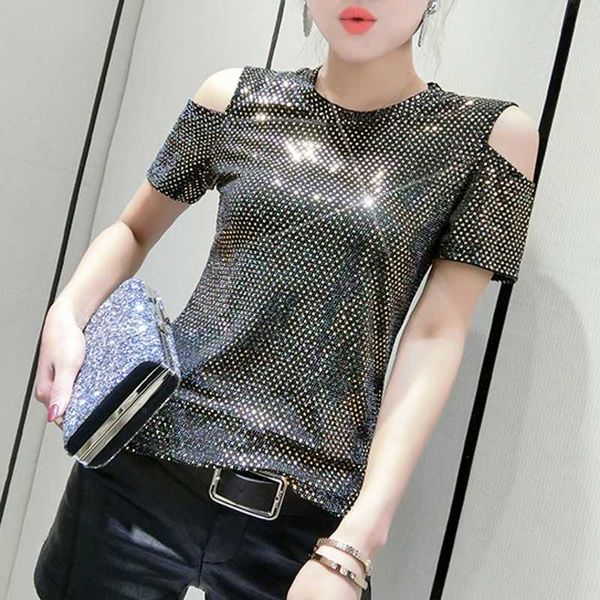 

women's t-shirt fashion off shoulder shiny women clothes 2021 summer bright gold ropa mujer bottoming shirt tees t02404, White
